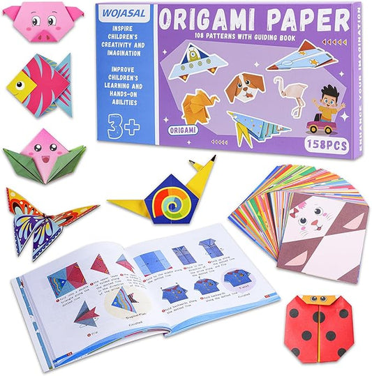 158 Sheets Origami Paper Kit for Kids Ages 5-8 8-12 with Guiding Book DIY Art and Crafts Supplies Kits for Girls and Boys Square Easy Fold Paper Travel Activities Birthday Christmas Gifts