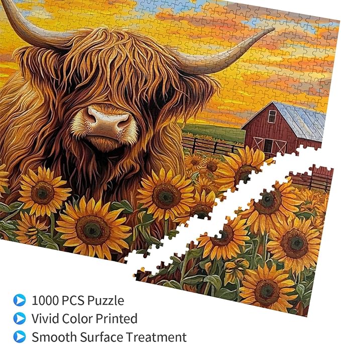 Beautiful Sunflower Highland Cow Jigsaw Puzzle 500 Piece for Adult, Sunflower Jigsaw Puzzles Flowers Puzzle Nature Animal Flower Painting Jigsaw Puzzles Birthday Gifts for Adults and Family Game