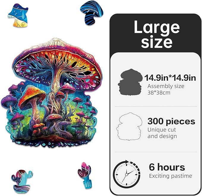 Wooden Jigsaw Puzzle for Adults,Magical Mushrooms Wood Puzzles 300 Piece,Thanksgiving Birthday Gifts Family Game,Unique Shape Puzzle Challenge 14.9 x 14.9 Inch