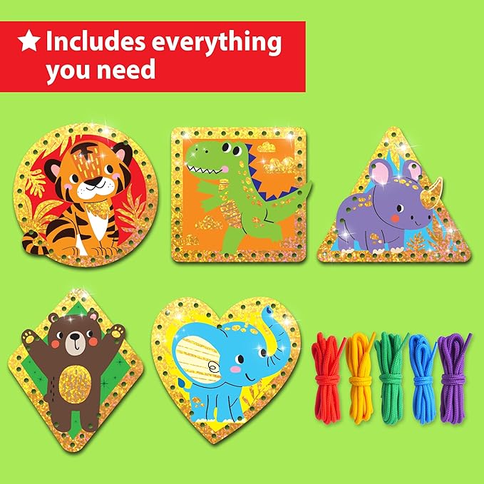 EZCRA Lacing Cards for Kids Ages 3-5 - 5 Pcs Animal Theme with Colorful Laces - Craft Kit for Kids DIY Activity Set - Fine Motor Skills Toys and Preschool Learning Activities