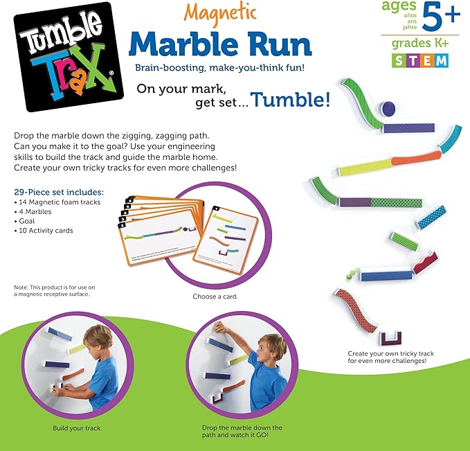 Learning Resources Tumble Trax Magnetic Marble Run - Montessori , Classroom Must Haves, Small Magnets Balls, STEM Toys for Kids, Fine Motor Skills, Gifts for Boys and Girls, Wall Activity