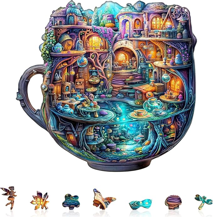Wooden Puzzles for Adults - 200 Pieces Enchanted Teapot Puzzle - Unique Shapes Wooden Jigsaw Puzzles for Adults - Eco-Friendly Home Office Decor (M-11.4 * 10.8in)