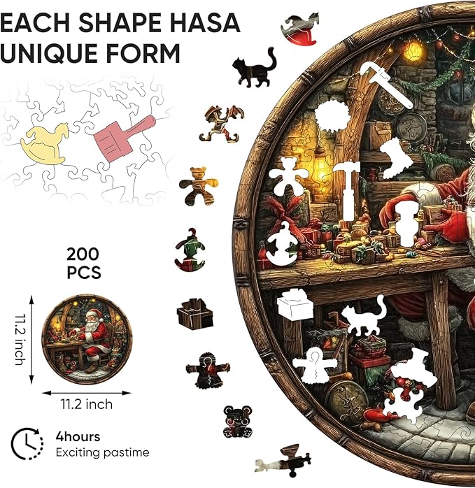 Wooden Puzzles for Adults, 200 Pieces Christmas Puzzle for Adults and Kids, 11.2in Santa Claus Unique Shape Wooden Jigsaw Puzzle, Wooden Puzzle Creative Toys for Family Friends