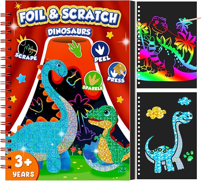 homicozy Art & Craft Activity for Kids - Foil Fun Dinosaurs & Scratch Art Book 2-in-1, No Mess Art Crafts for boys,DIY Creative Activity Kit,Gifts for Boys and Girls Ages 4, 5, 6, 7, 8, 9, Travel Toys