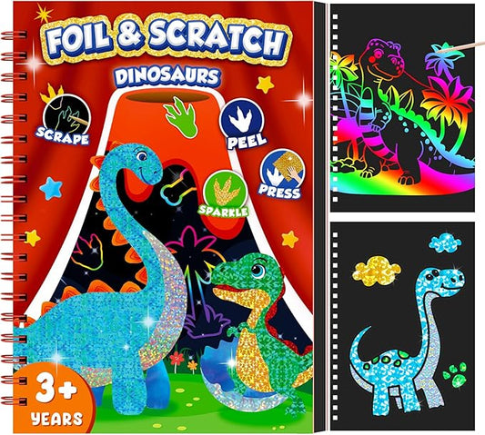 homicozy Art & Craft Activity for Kids - Foil Fun Dinosaurs & Scratch Art Book 2-in-1, No Mess Art Crafts for boys,DIY Creative Activity Kit,Gifts for Boys and Girls Ages 4, 5, 6, 7, 8, 9, Travel Toys