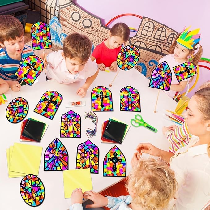 EggSun 36 Sets Cross Church Suncatcher Crafts for Kid Relgious Stained Glass Window Arts and Crafts Suncatcher Kit for Sunday School Thanksgiving Christmas Home Party Decorations