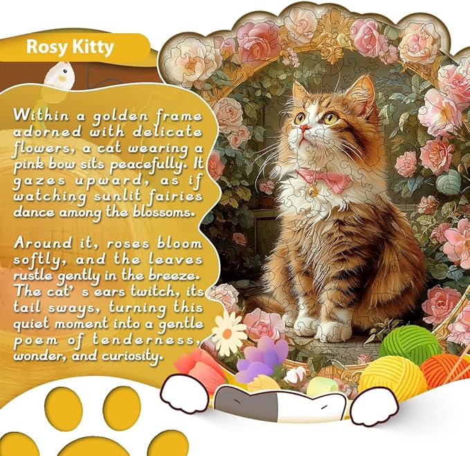 Wooden Jigsaw Puzzle, 200-500 Pieces Unique Shape Animal Puzzle, for Adults & Kids, Birthday Gift Family Game, Decorative Puzzle, Unique Gift (Rosy Kitty, 200 PCS)