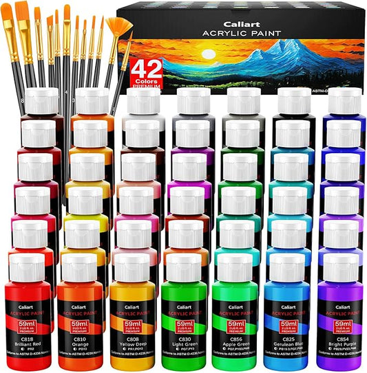 Caliart Acrylic Paint Set with 12 Brushes, 42 Colors (59ml, 2oz) Art Craft Paints Gifts for Artists Kids Beginners & Painters, Halloween Pumpkin Canvas Ceramic Rock Painting Kit Art Supplies