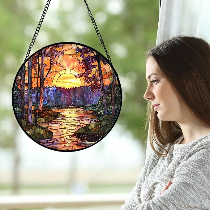 Stained Glass Window Hanging, Orange Landscape Green Purple Lake Forest Suncatcher for Doors Window Home Sun Catchers Decor Mother's Day Birthday Gifts for Women Men Mom 11.8 in