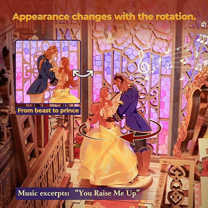 Tonecheer DIY Book Nook Kit for Adults, 3D Wooden Puzzle Music Booknook Miniature Dollhouse, Fairy Tale Bookend Bookshelf Decor with Dust Cover and LED Lights Gifts (Beast‌ and Beauty)