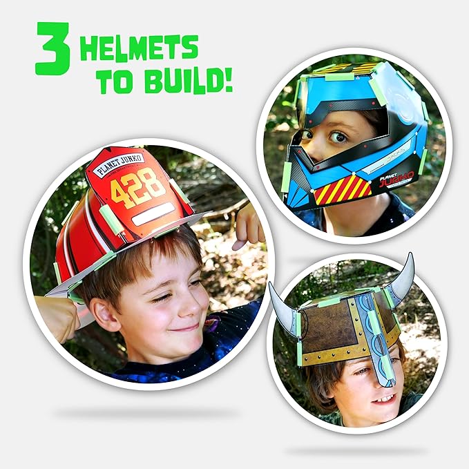 JUNKO DIY Kids Helmet Craft Kit – Build & Decorate 3 Cardboard Helmets (Firefighter, Viking, Space) – Ages 6–10 – Recycled, Reusable – Creative Parent-Child Activity