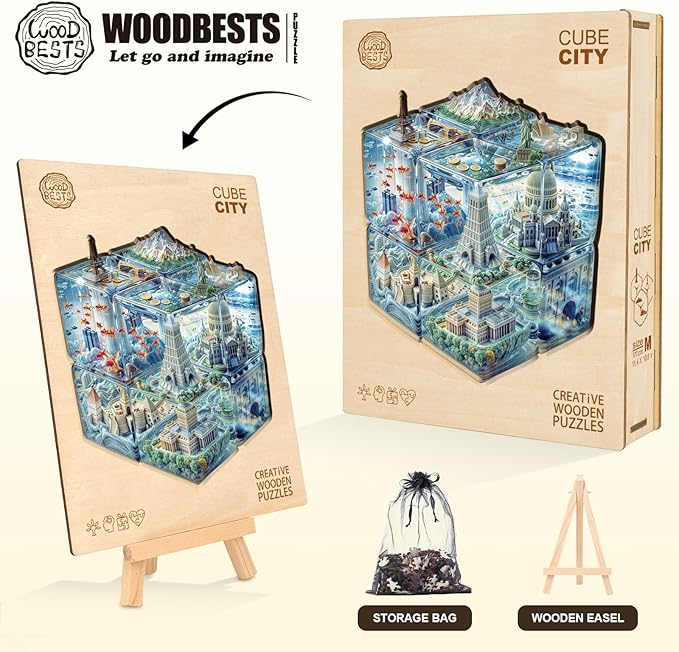 WOODBESTS Wooden Puzzles for Adults, Cube City Wood Puzzles Adult(90 Pieces, S, 8.5 * 7.8in), Unique Shape Wooden Animal Jigsaw Puzzles, Birthday Gifts for Adults Family Game