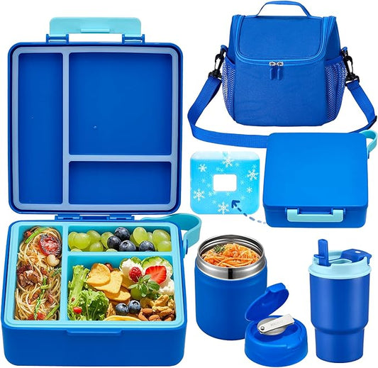 Bento Lunch Box for Kids with 17oz Soup Thermo,Insulated Tumbler Water Bottle and Insulated Lunch Bag,Leak-Proof 3 Compartment Lunch Food Container with with Ice Pack for Kids to School-Blue