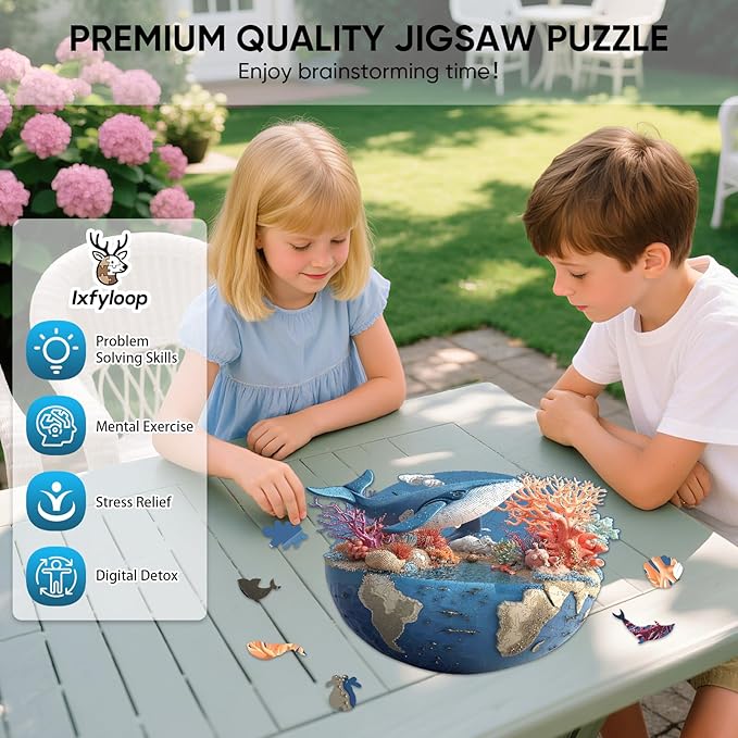 Wooden Puzzles for Adults 512 Pieces, Dolphin Earth Jigsaw Puzzles, Unique Design Adult Puzzles for Family Brain Game Gift,18.5x13.8 inch