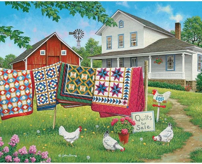 Bits and Pieces – 300 Piece Jigsaw Puzzle for Adults – Fresh Eggs and More - Classic Farmhouse Quilt Jigsaw Puzzle by Artist John Sloane, Completed Puzzle Size: 18" x 24"