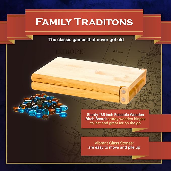 Family Traditions Mancala 2 Player Board Game, Fun Classic Table Game with Wooden Board and Deep Pockets for Mancala Gems, Popular Strategy Game for Adults & Kids, Ideal for Family Game Night, Travel