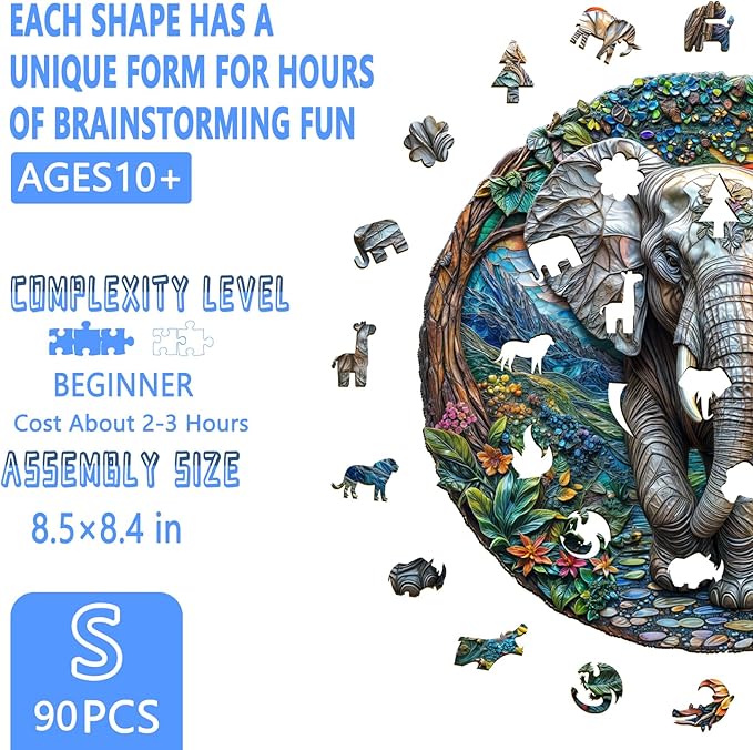 Wooden Puzzles for Adults, Forest Elephant Wooden Jigsaw Puzzle for Adults, Wood Puzzles Adult, Unique Animal Shape, Gifts for Friends and Family, Wall Art Canvas Puzzle (S -8.5 * 8.4in -90 pcs)