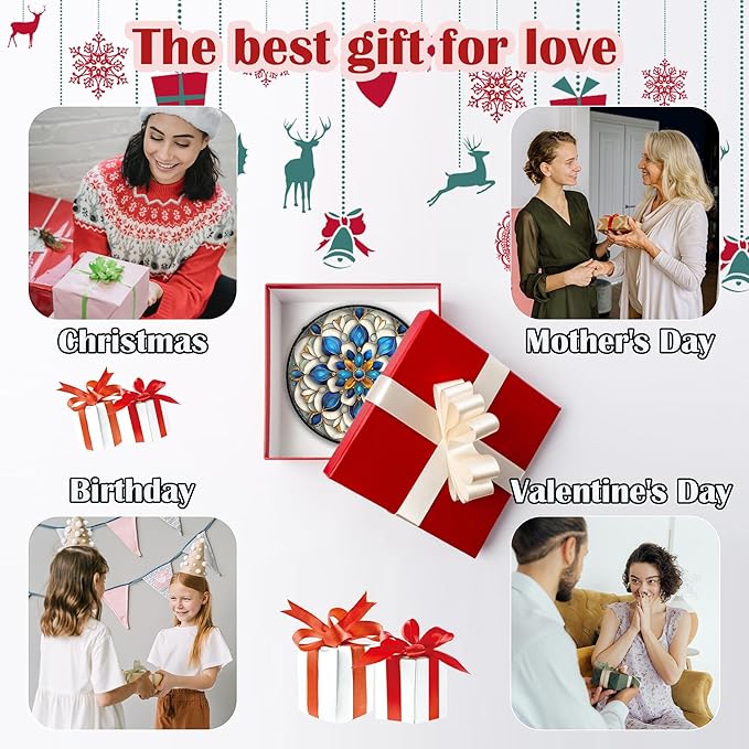 Stained Glass Window Hanging - Blue and White Abstract Flowers Suncatcher for Door Terrace Garden Home Decor, Gold Sun Catcher Birthday Gifts for Lovers Women Men Dad Mom Nana 7.8 in