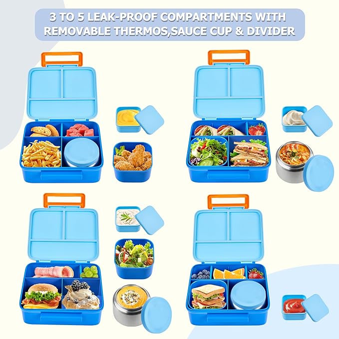 MAISON HUIS Kids Bento Box Set - Includes 8oz Soup Thermo, Insulated Lunch Bag & 17oz Stainless Steel Water Bottle, 5-Compartment Bento Box with Built-In Ice Pack, Leak-Proof & BPA-Free(Blue)