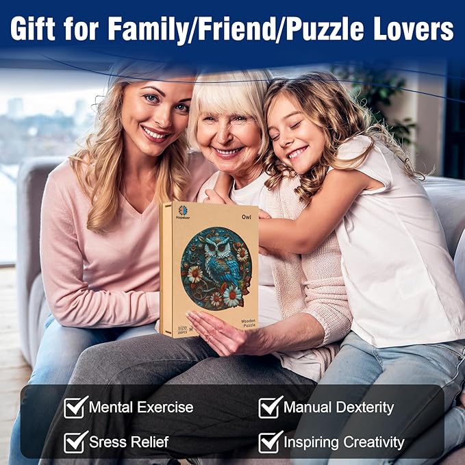 Wooden Owl Puzzle, 200 Pieces Unique Shaped Wood Puzzles, Hard Impossible Puzzles, Wooden Jigsaw Puzzle for Adults and Kids, Family Games Challenge Puzzle, Brain Games 11.49" x 11.49"