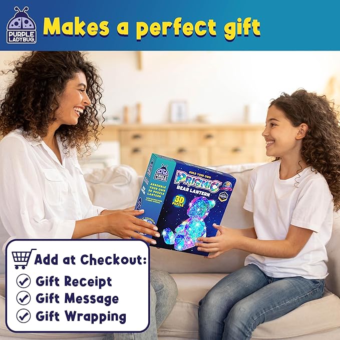 PURPLE LADYBUG Prismic 3D Bear Puzzle Nightlight - DIY LED Craft Kit for Kids & Teens, USB-Powered Holographic Light-Up Decor, Room Decor for Boys & Girls