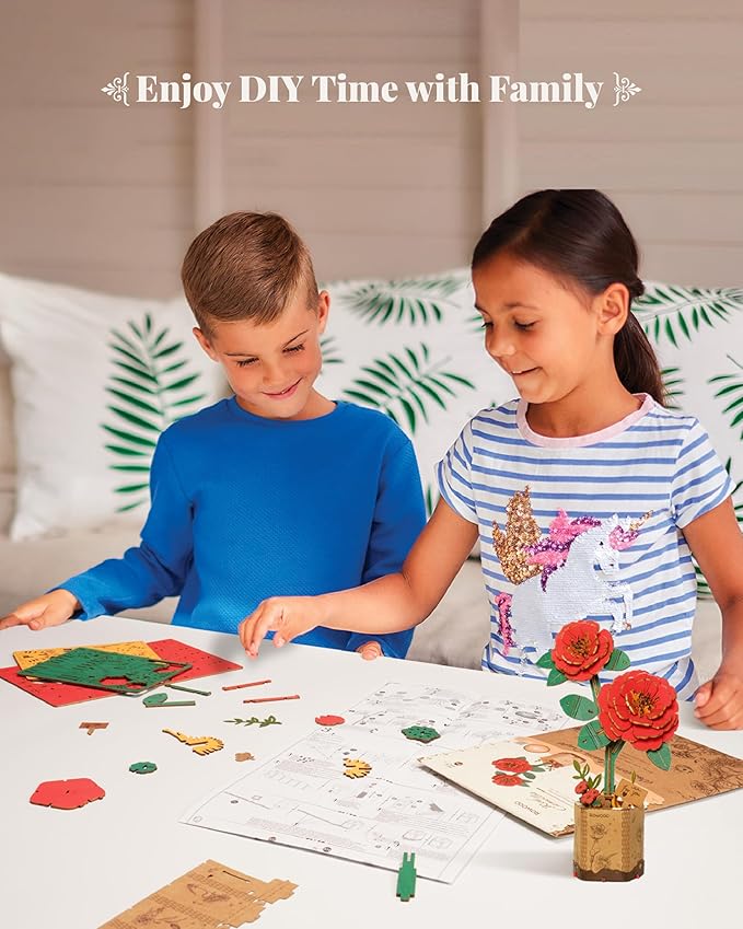 rowood Artifical Flower,DIY Wooden Flower Craft Kit for Kids,Mother's Day/Valentine's Day/Teacher's Day/Thanksgiving Day/Christmas/Birthday Gift for Mom/Women/Grandma/Wife/Her-Red Camellia, TW031