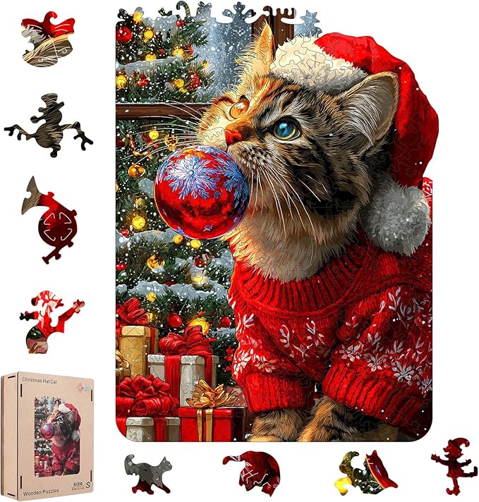 Christmas Hat Cat Jigsaw Puzzles - 200 Pcs Handmade Wooden Puzzle with Unique Shapes, Stress Relief & Educational Fun, Family Game Night 8.9×12.1 Inch, Best Gift for Friends