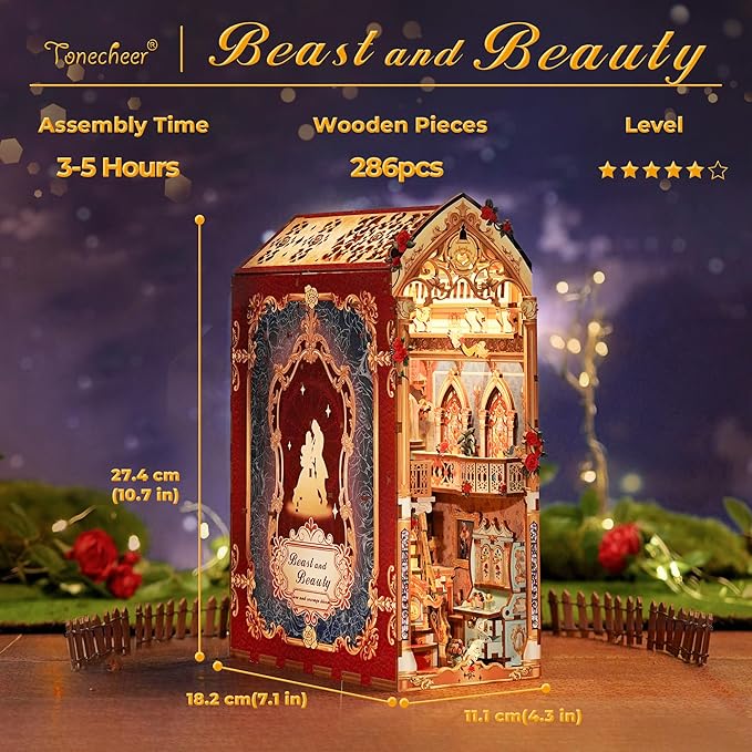 Tonecheer DIY Book Nook Kit for Adults, 3D Wooden Puzzle Music Booknook Miniature Dollhouse, Fairy Tale Bookend Bookshelf Decor with Dust Cover and LED Lights Gifts (Beast‌ and Beauty)