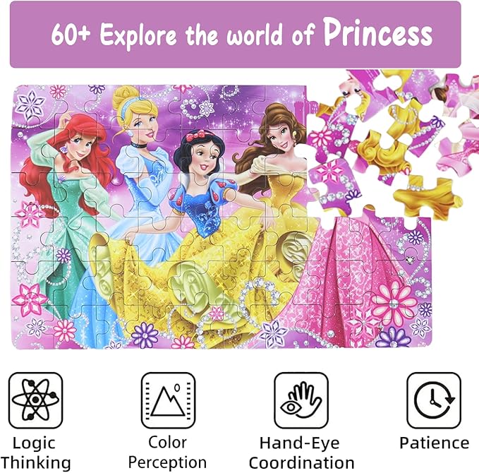 Princess Puzzles for Kids Ages 4-8 60 Pieces Jigsaw Puzzle for Girls and Boys Toys in Metal Box Educational Puzzle (Princess 0685)