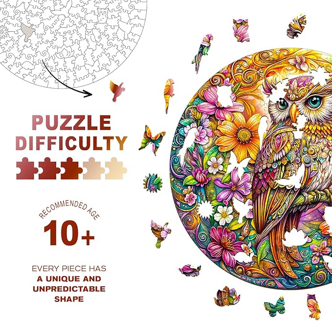 Wooden Puzzles for Adults - Challenging Colorful Owl Adult Puzzle, Unique Animal Shaped Wooden Jigsaw Puzzles for Adults, Creative Gifts Family Games 8.5 * 8.5in 100pcs