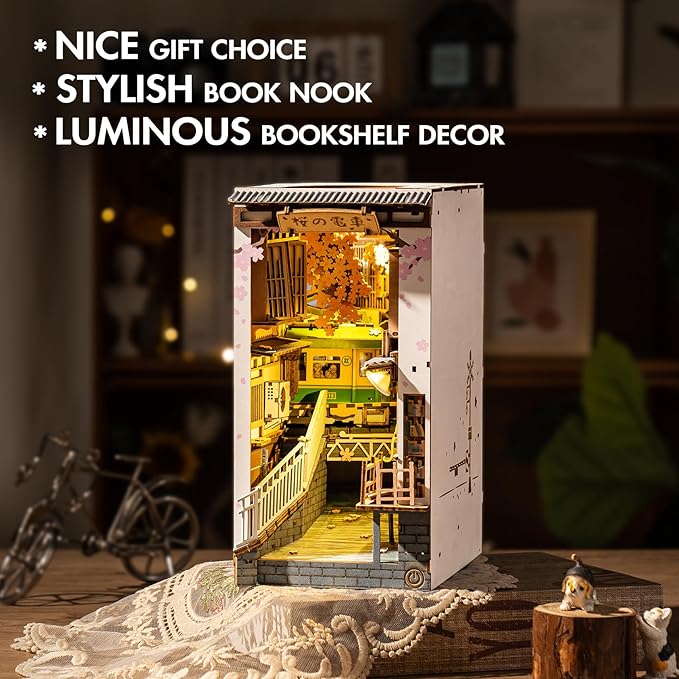 Rowood Book Nook Kit, Bookshelf Insert Decor Alley 3D Wooden Puzzle, DIY Bookend Building Set Model Kit with LED Light -Sakura Tram