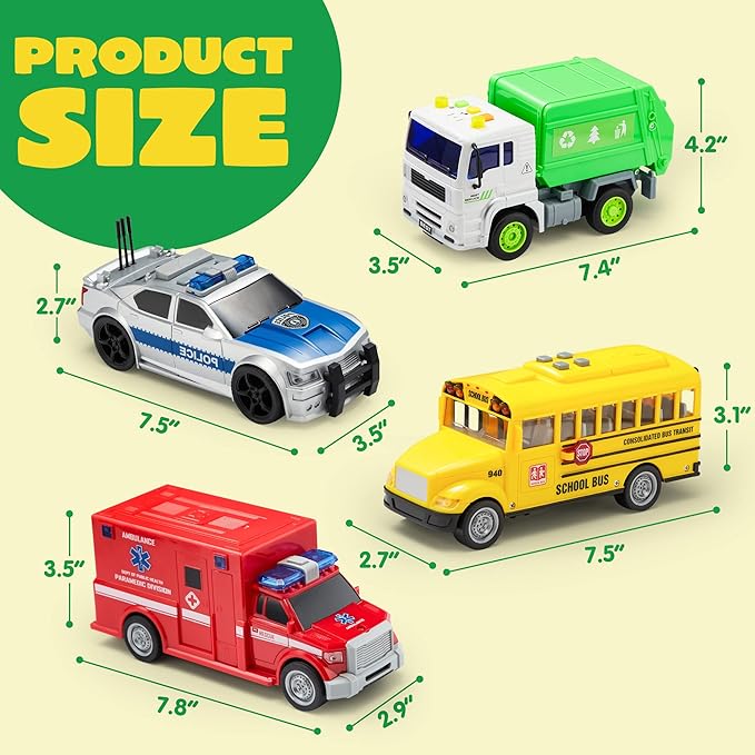 JOYIN 4 Pcs 7" Long Vehicle Toy Set, Toddlers Cars with Lights and Siren Sound, Including Play Police Car, School Bus, Garbage Truck, Ambulance, Birthday Party Gifts Toys for Boys 3-5