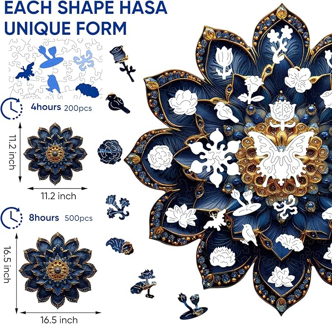 Puzzles for Adults 200 Pieces, Mandela Queen Flower Wooden Puzzles Royal Unique Shaped Lotus Gifts Jigsaw Puzzles, Irregular Puzzles Creative Gift for Adults Family Game (16.5x16.5 in)