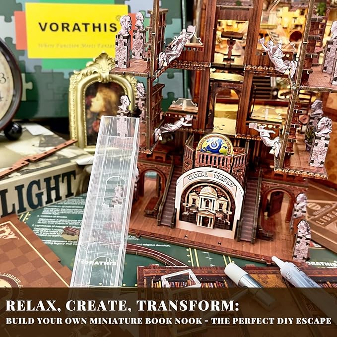 Book Nook Kit for Adults and Teens, 3D Puzzle Booknook Bookshelf Decor with LED Light, Dual Power Options (Battery/Type-C), Perfect Miniature Dollhouse Gift (Global Library)