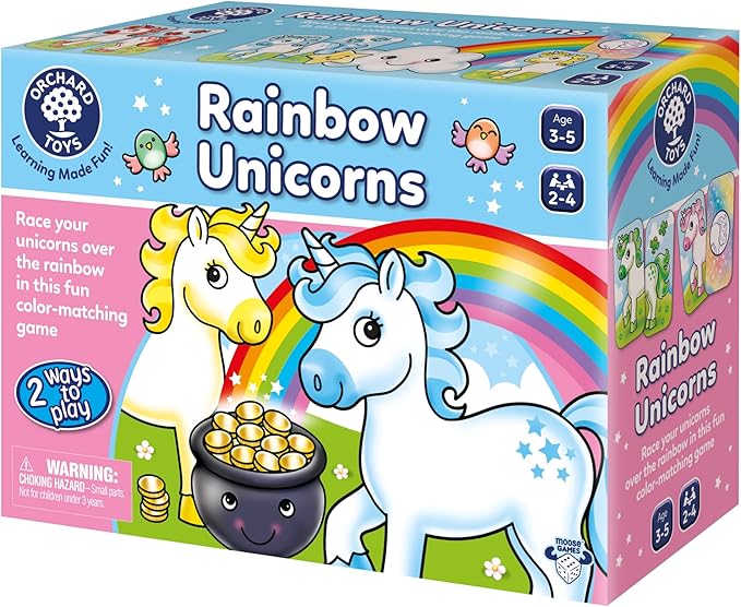 Orchard Toys Moose Games Rainbow Unicorns Game. Race Your Unicorns Over The Rainbow to a Pot of Gold in This Magical, Fun Color-Matching Game! Ages 3+ for 2-4 Players