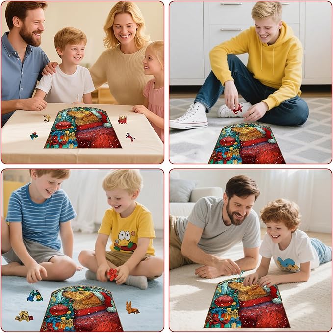 Christmas Jigsaw Puzzles for Adults - Dog with Santa Hat 202 Pcs Unique Shaped Holiday Wood Puzzle with Wooden Storage Box, Festive Family Game Night for Art Lovers 8.9x12 Inch