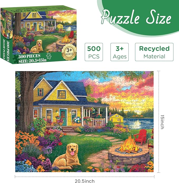 500 Piece Puzzle for Adults Puzzle, Cute Dog Jigsaw Puzzle 500 Pieces, Garden House and Flowers Puzzles 500 Pieces for Adults Seniors, Fun Challenging Family Games Holiday Party Gifts 20.5×15 in