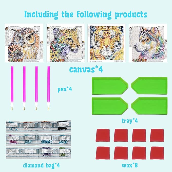 Libfx Diamond Art Kits for Kids 4 PCS Diamond Art for Girls Boys Beginners Arts and Crafts for Kids Ages 8-12 (Tiger Leopard owl Dog)