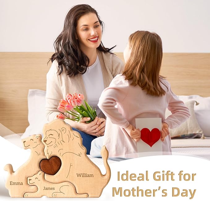 Wooden Lion Family Puzzle, Personalized Puzzles with 2-5 Names, Mothers Day Birthday Gifts for Women Men, Customized Home Decor Housewarming Gifts for Parents Couple Friends