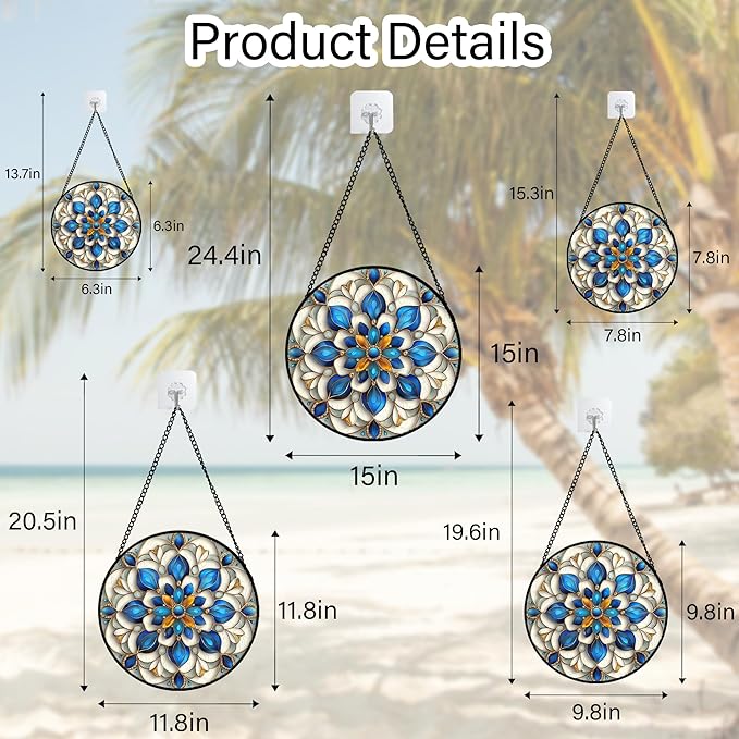 Stained Glass Window Hanging - Blue and White Abstract Flowers Suncatcher for Door Terrace Garden Home Decor, Gold Sun Catcher Birthday Gifts for Lovers Women Men Dad Mom Nana 15 in