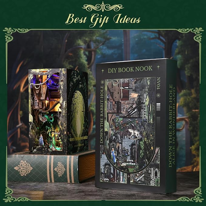 DIY Book Nook Kit for Adults, 3D Wooden Puzzle Bookend Bookshelf Insert Decor with LED Light and Dust Cover (Down The Rabbit-Hole Alice in Wonderland)
