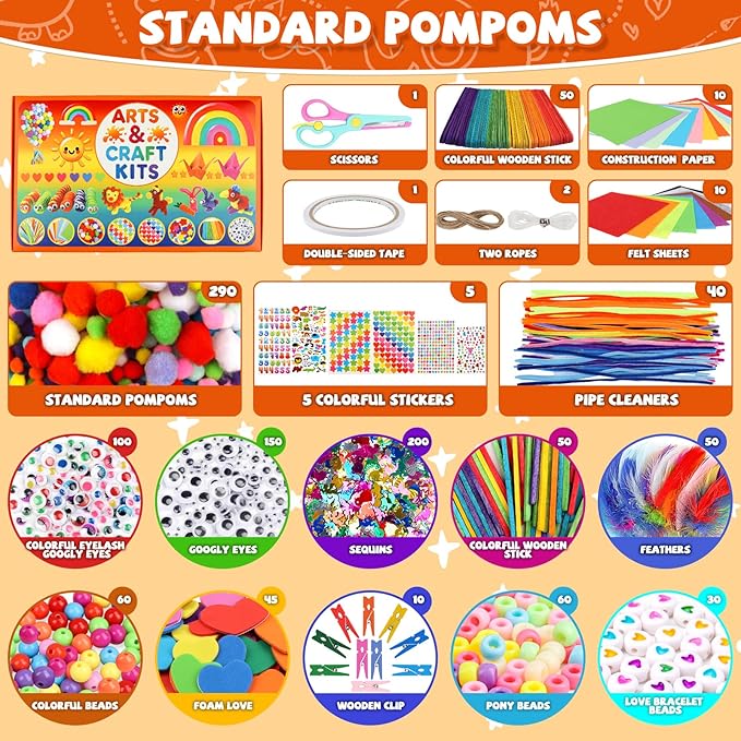DOITEM Pipe Cleaners Craft Supplies, 2000Pcs Arts and Crafts Supplies Including Pipe Cleaner Wiggle Googly Eyes Pom Poms Feathers Sticks Sequins Foam Flowers Papers Felt Stickers Over 8 Years Old