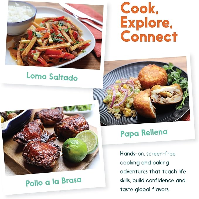 eat2explore Cooking Kits for Kids - Interactive & Educational Set with 3 Recipe Cards, Key Ingredients & Cooking Tools - Ideal Idea for Kids who Love to Create Meals (Peru Edition)