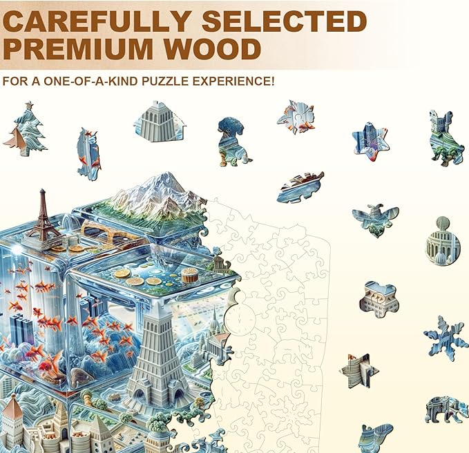 WOODBESTS Wooden Puzzles for Adults, Cube City Wood Puzzles Adult(90 Pieces, S, 8.5 * 7.8in), Unique Shape Wooden Animal Jigsaw Puzzles, Birthday Gifts for Adults Family Game
