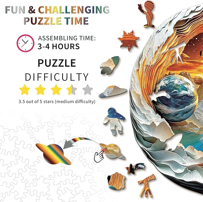 Wooden Puzzles for Adults 192 Pices, 3D Solar System Planet Wooden Jigsaw Puzzle, Flat Puzzels with 3D Visual Effect, Solar System Planet Irregular Jigsaw Puzzles, Finished Puzzle Size is 11 x 10.8in