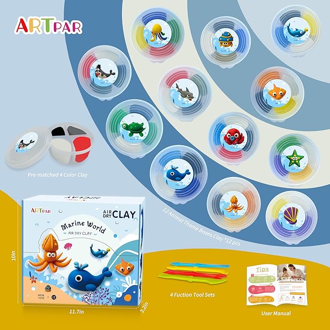 Air-Dry Clay Kit for Kids,12 Marine Animals‌ Modeling Magic Clay Sculpting Tools Set,Non-Sticky, Ultra-Light,Creative DIY School Arts & Crafts Gifts for Boys & Girls Ages 3-12