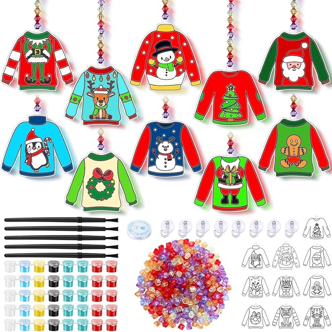 Yaomiao 30 Sets Christmas Ugly Sweaters Suncatchers Window Art Kits DIY Xmas Suncatcher Crafts Bulk Paint Your Own Window Hanging Ornaments for Boys Girls Home Classroom Activities Art Project