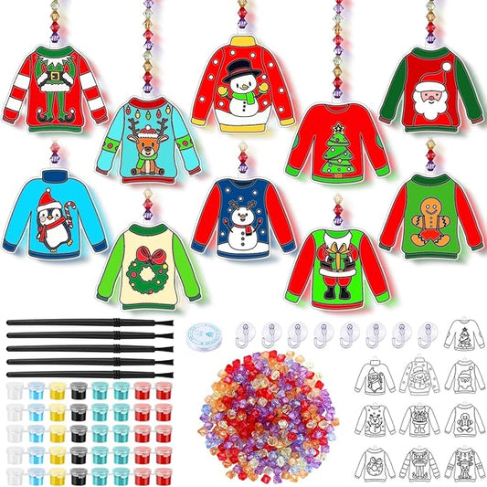 Yaomiao 30 Sets Christmas Ugly Sweaters Suncatchers Window Art Kits DIY Xmas Suncatcher Crafts Bulk Paint Your Own Window Hanging Ornaments for Boys Girls Home Classroom Activities Art Project