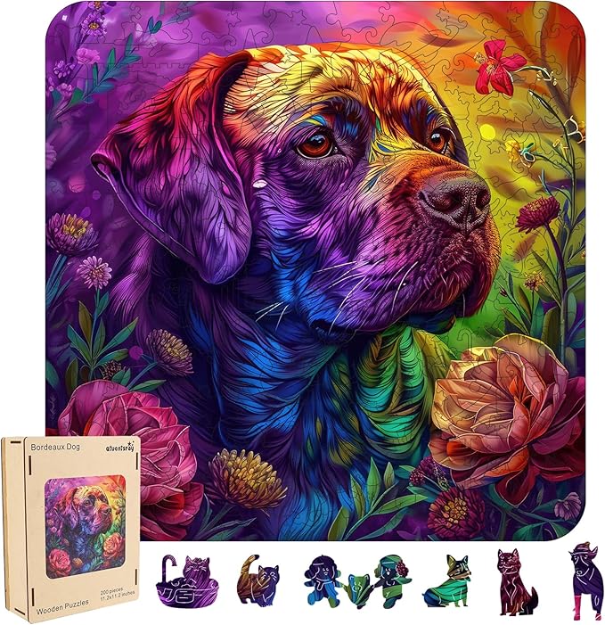 Wooden Puzzles Colored Dog 200 Pieces, Aim Puzzles for Adults, Unique Shape Animal Adult Puzzles, Irregular Wood Best Gift for Adults Family Game (11.3x11.3 in)