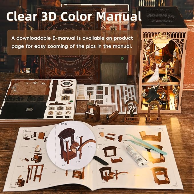 DIY Book Nook Kit for Adults, 3D Wooden Puzzle Bookend Bookshelf Insert Decor with LED Light and Dust Cover (Phantom of The Opera)
